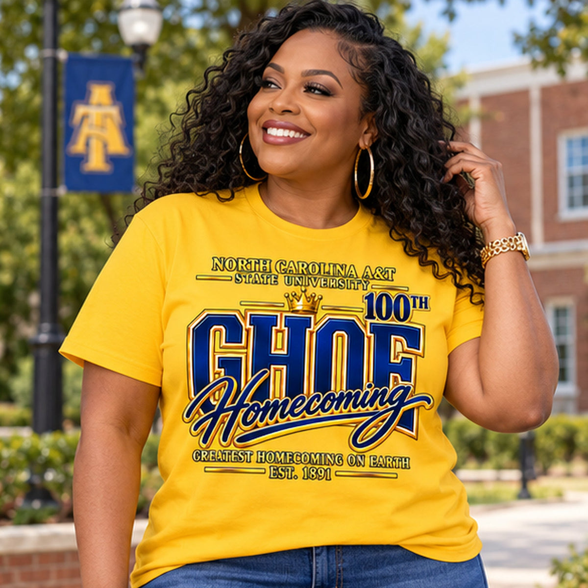 Tee in Yellow: Centennial Aggie 100th GHOE Homecoming model mockup