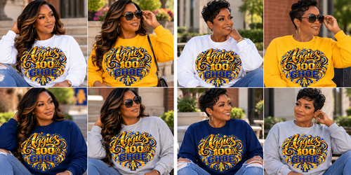 Eight-panel model lookbook showing the Aggies 100th GHOE design on white, gold, navy blue, and sport grey crewneck sweatshirts