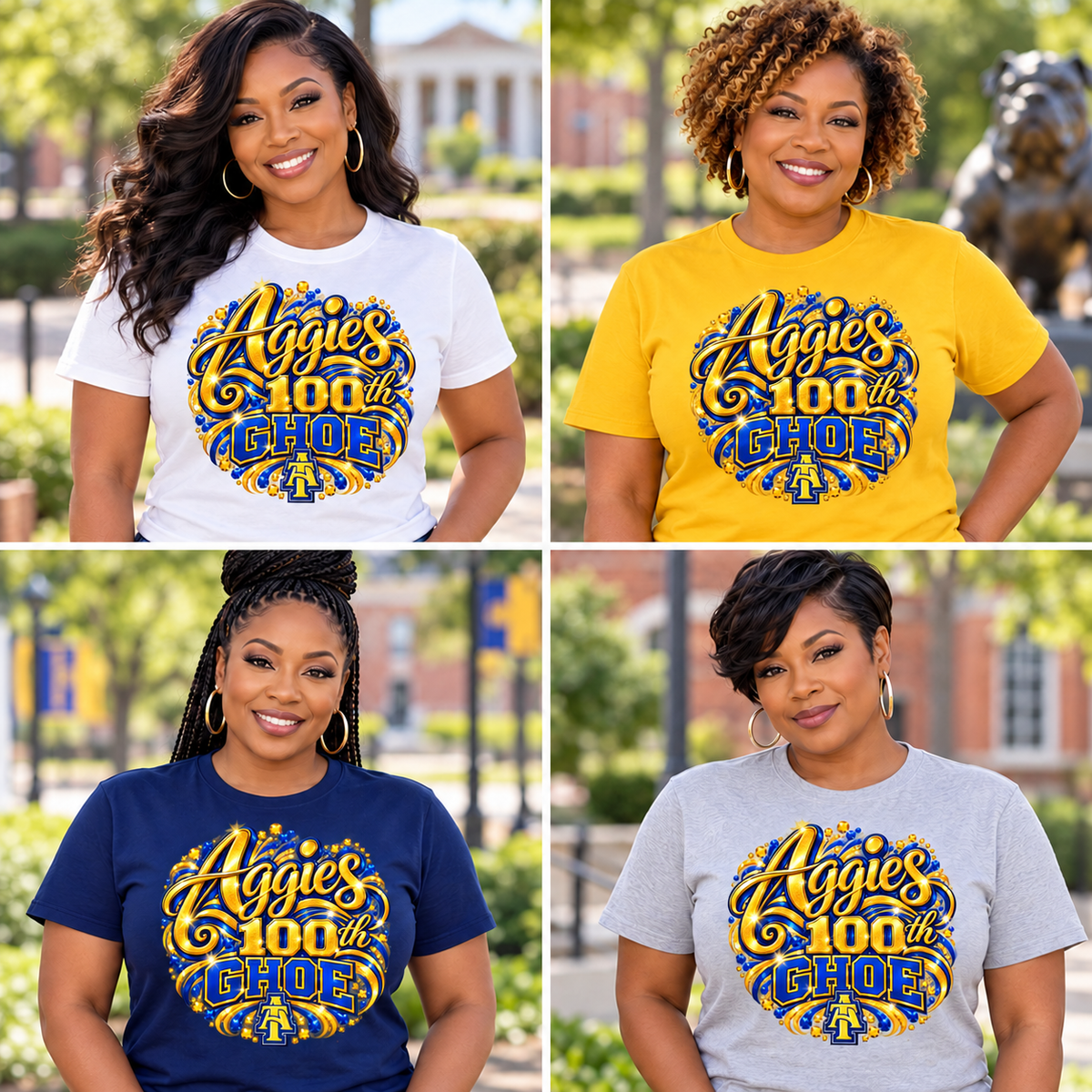 Four models wearing the Aggies 100th GHOE design on white, gold, navy blue, and sport grey T-shirts