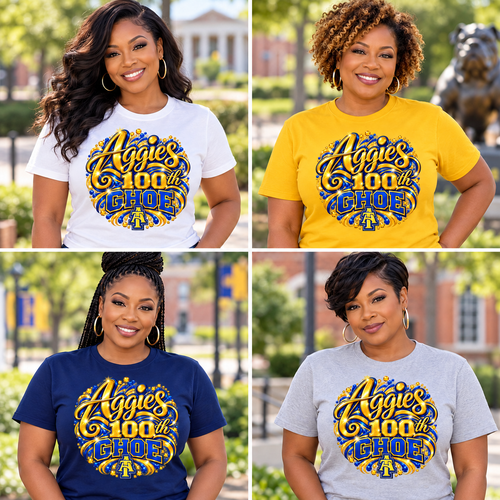 Four models wearing the Aggies 100th GHOE design on white, gold, navy blue, and sport grey T-shirts