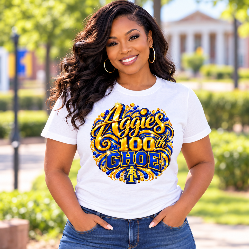 Model wearing Aggies 100th GHOE White T-Shirt