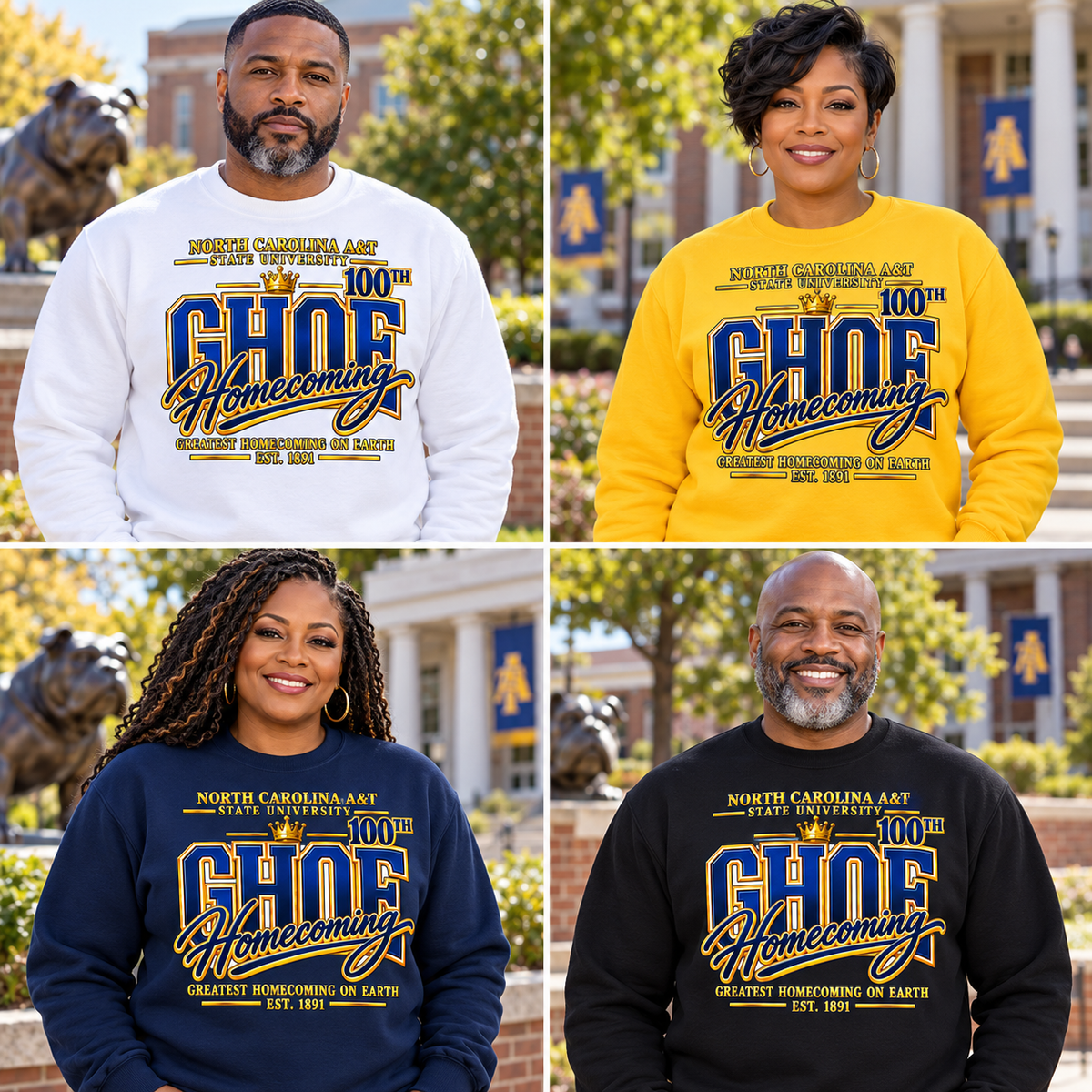 Male and female model mockups of the Aggie 100th GHOE crewneck sweatshirt in white, yellow, navy, and black