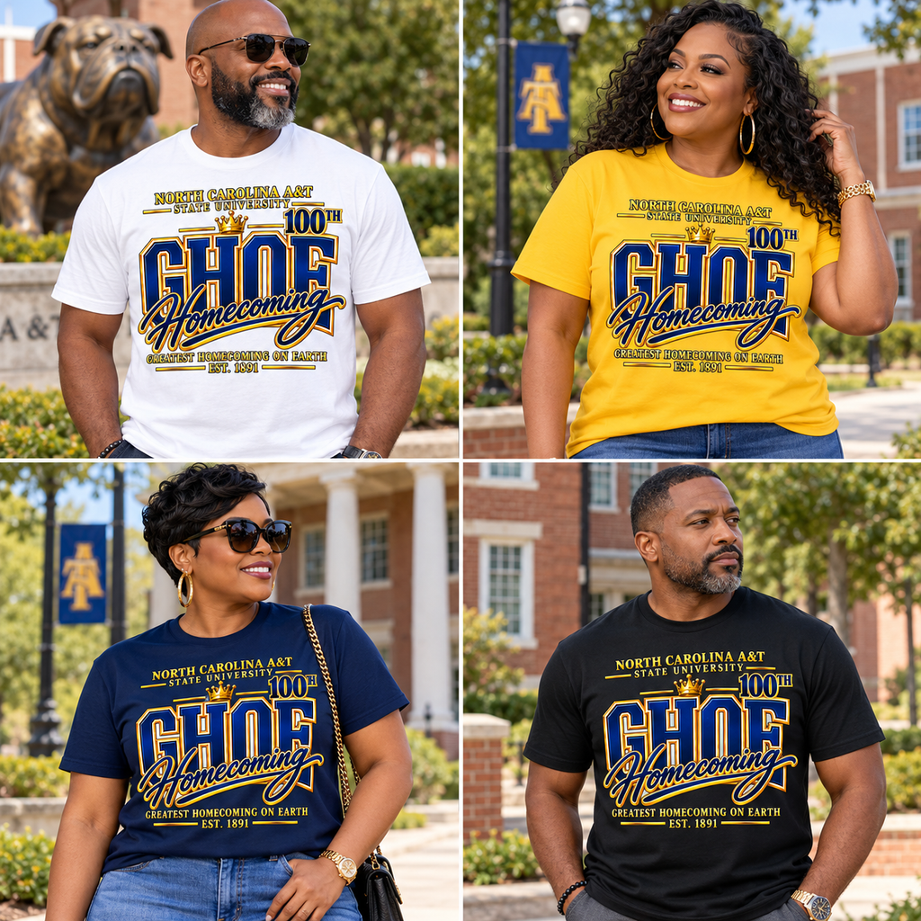 Male and female model mockups of the Aggie 100th GHOE tee in white, yellow, navy, and black