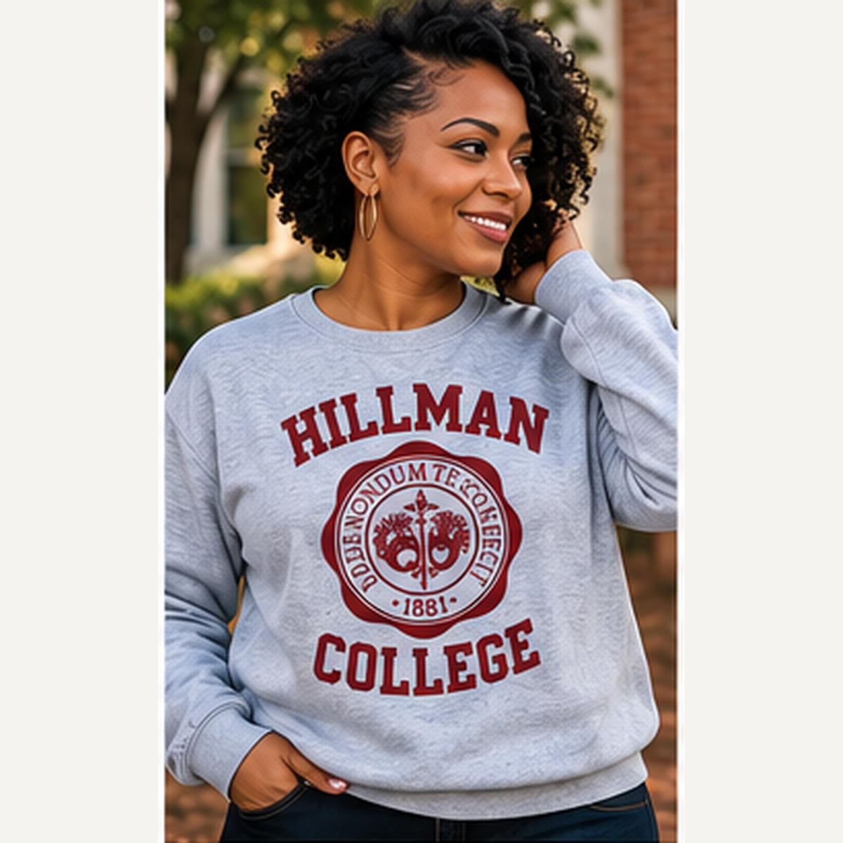 Lifestyle model wearing grey Hillman College 1881 crewneck sweatshirt with maroon design