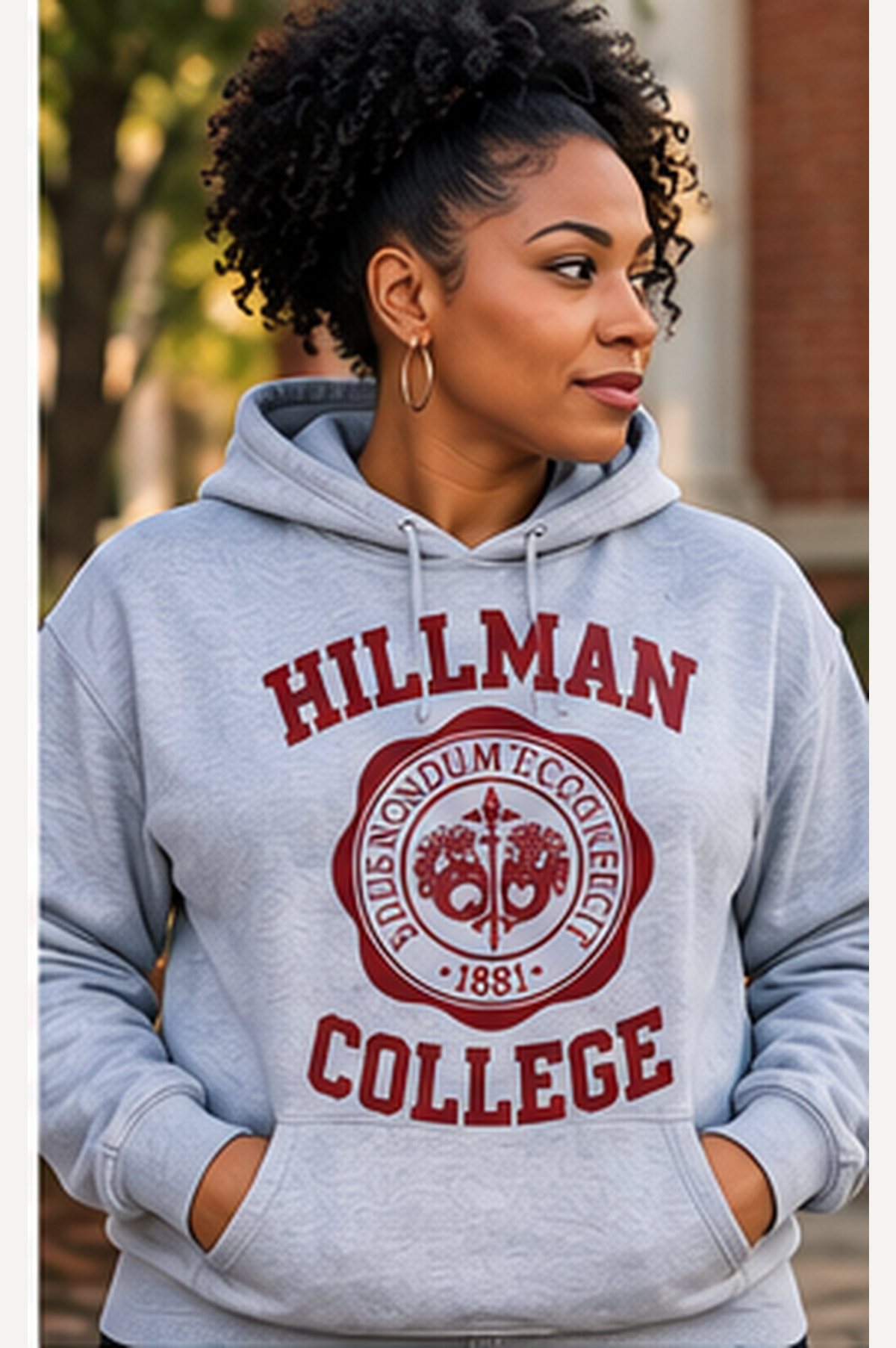Lifestyle model wearing grey Hillman College 1881 hoodie with maroon design