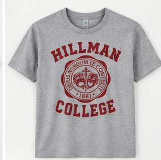 Grey Hillman College 1881 T-shirt with maroon design