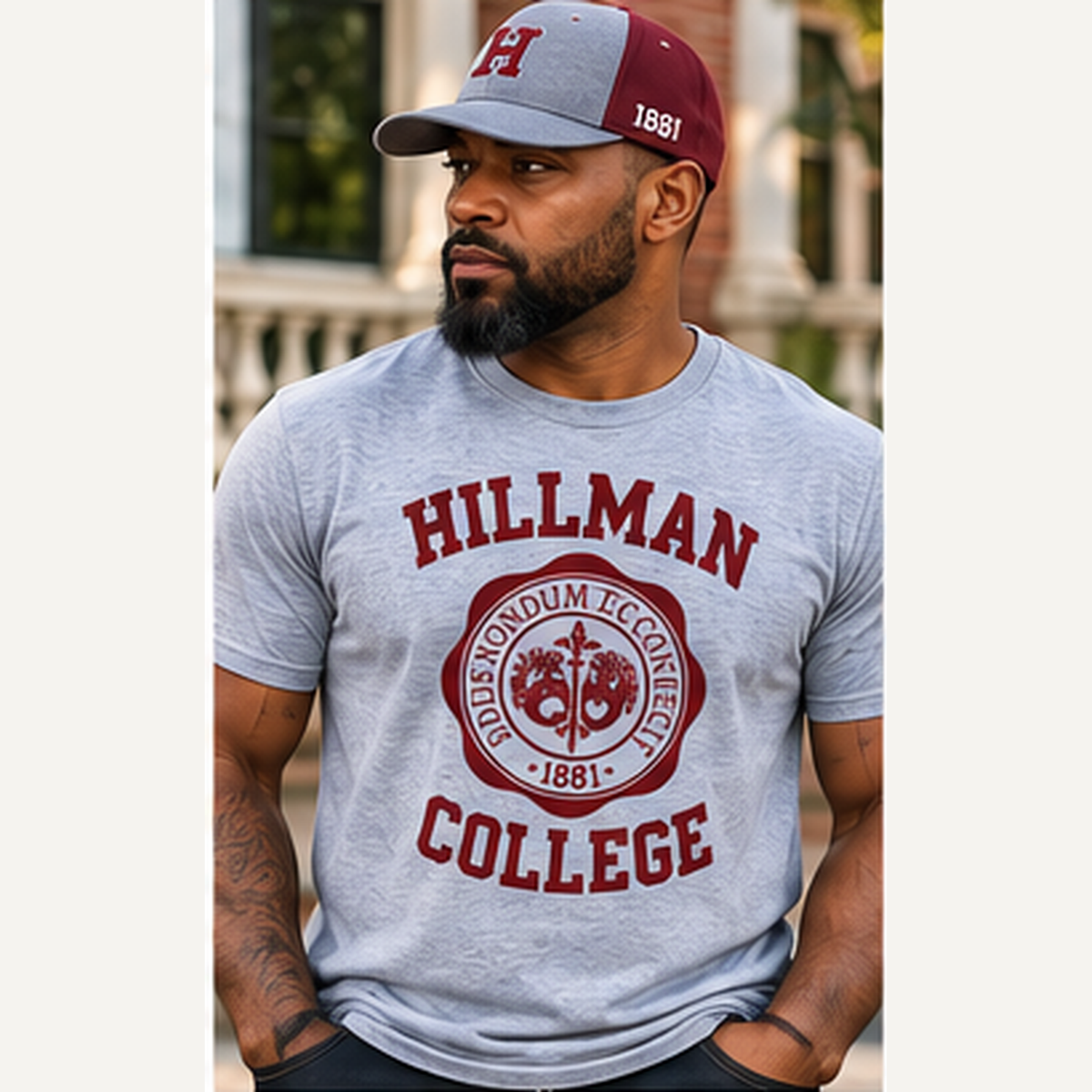 Lifestyle model wearing grey Hillman College 1881 T-shirt with maroon design