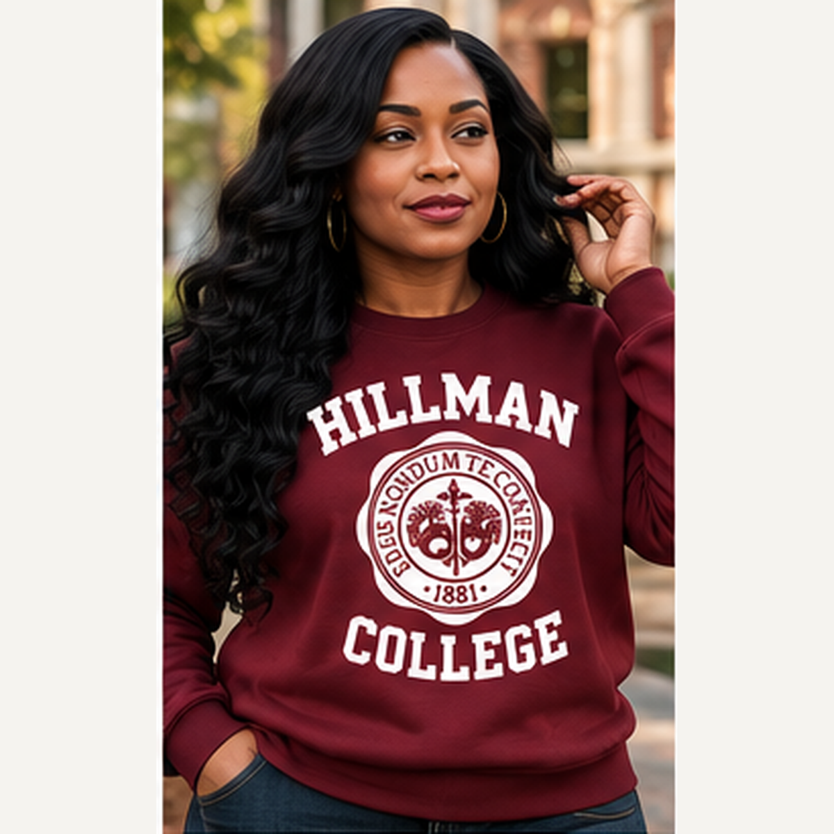 Lifestyle model wearing maroon Hillman College 1881 crewneck sweatshirt with white design