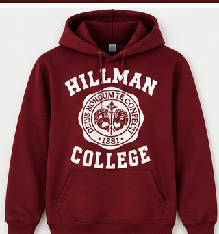 Maroon Hillman College 1881 hoodie with white design