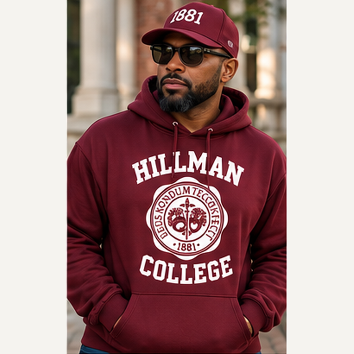 Lifestyle model wearing maroon Hillman College 1881 hoodie with white design