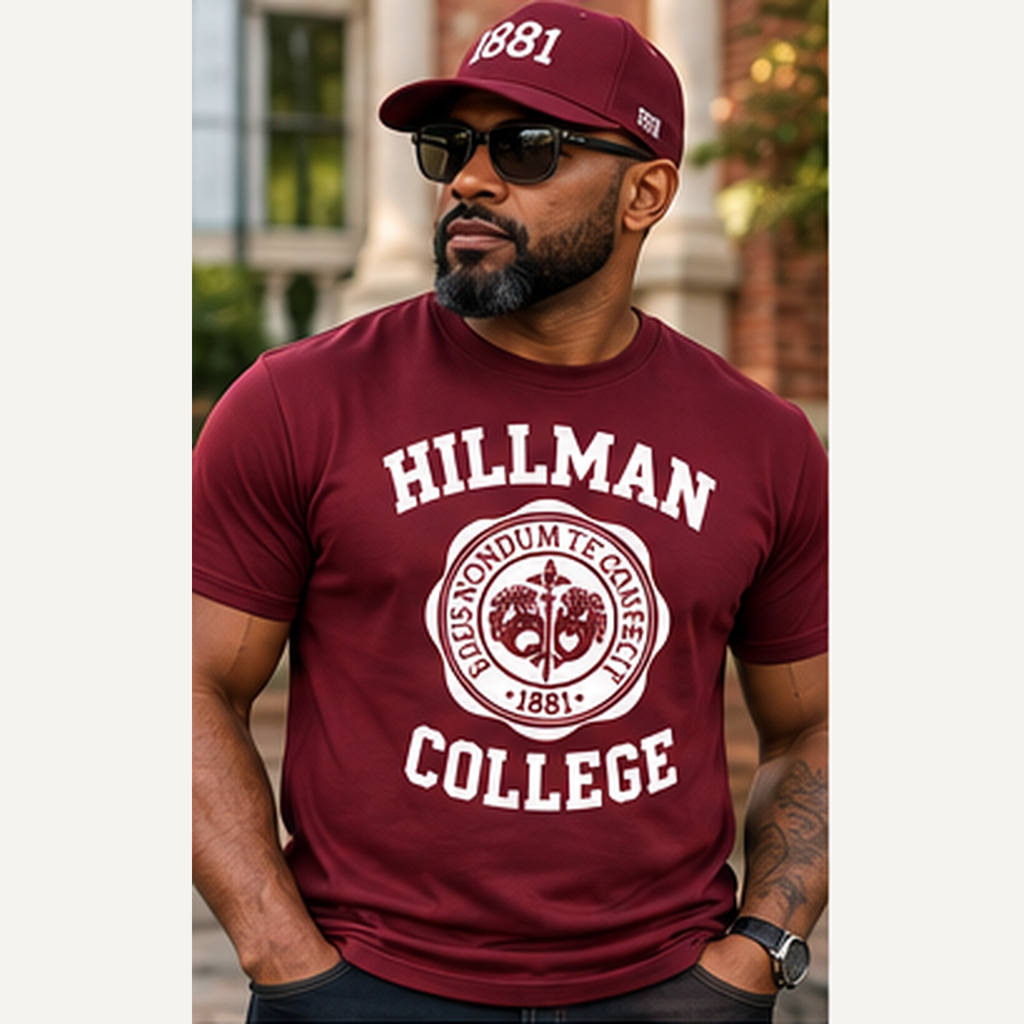 Lifestyle model wearing maroon Hillman College 1881 T-shirt with white design