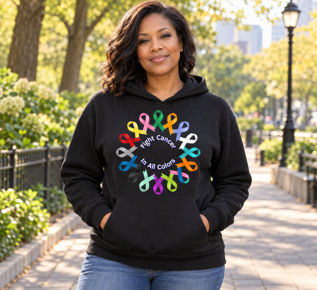 Black hoodie with multicolor Fight Cancer In All Colors ribbon graphic