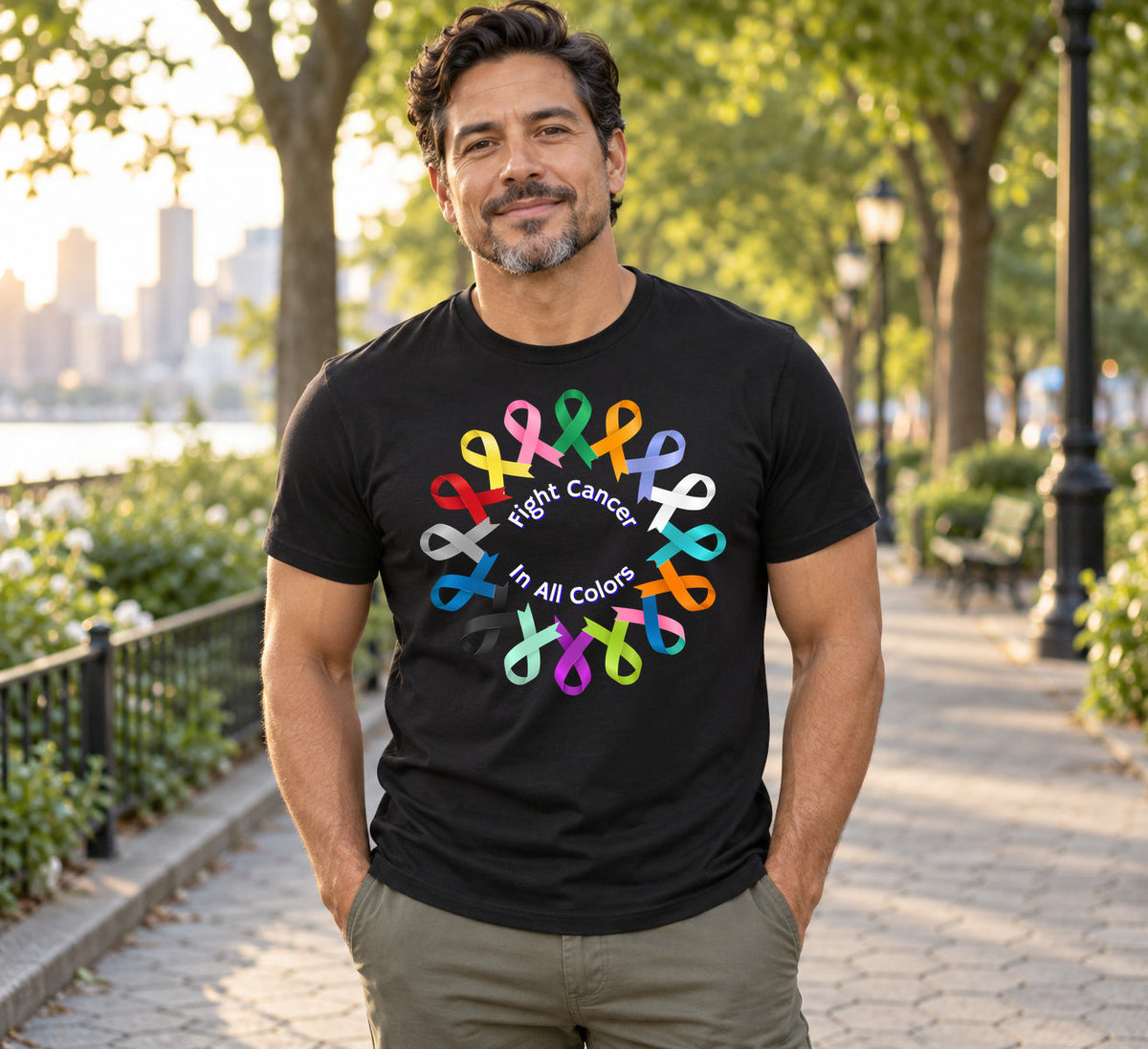 Black T-shirt with multicolor Fight Cancer In All Colors ribbon graphic