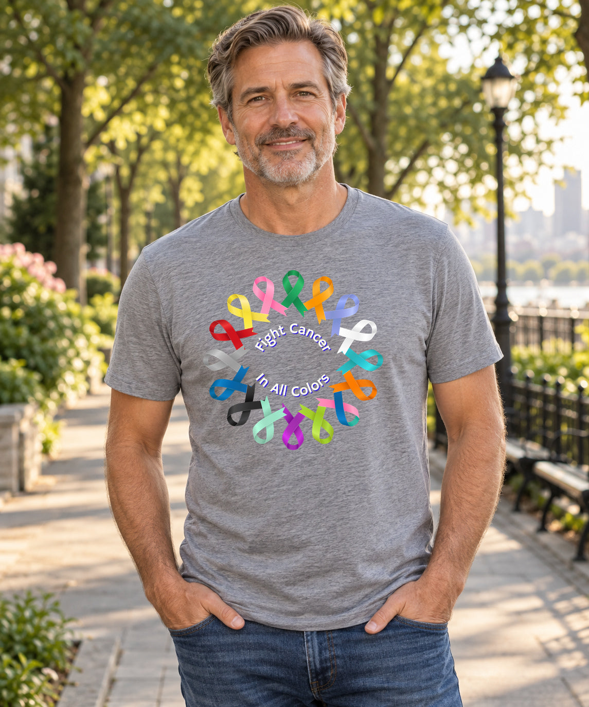 Grey T-shirt with multicolor Fight Cancer In All Colors ribbon graphic