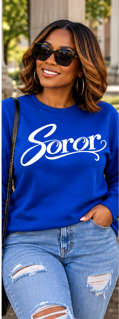 Royal blue sweatshirt with white Soror wordmark, square mockup