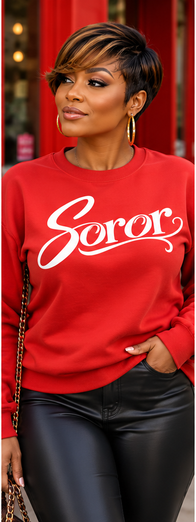 Red sweatshirt with white Soror wordmark, square mockup