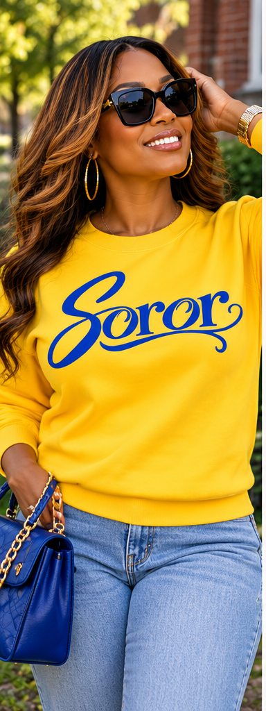 Yellow sweatshirt with royal blue Soror wordmark, square mockup